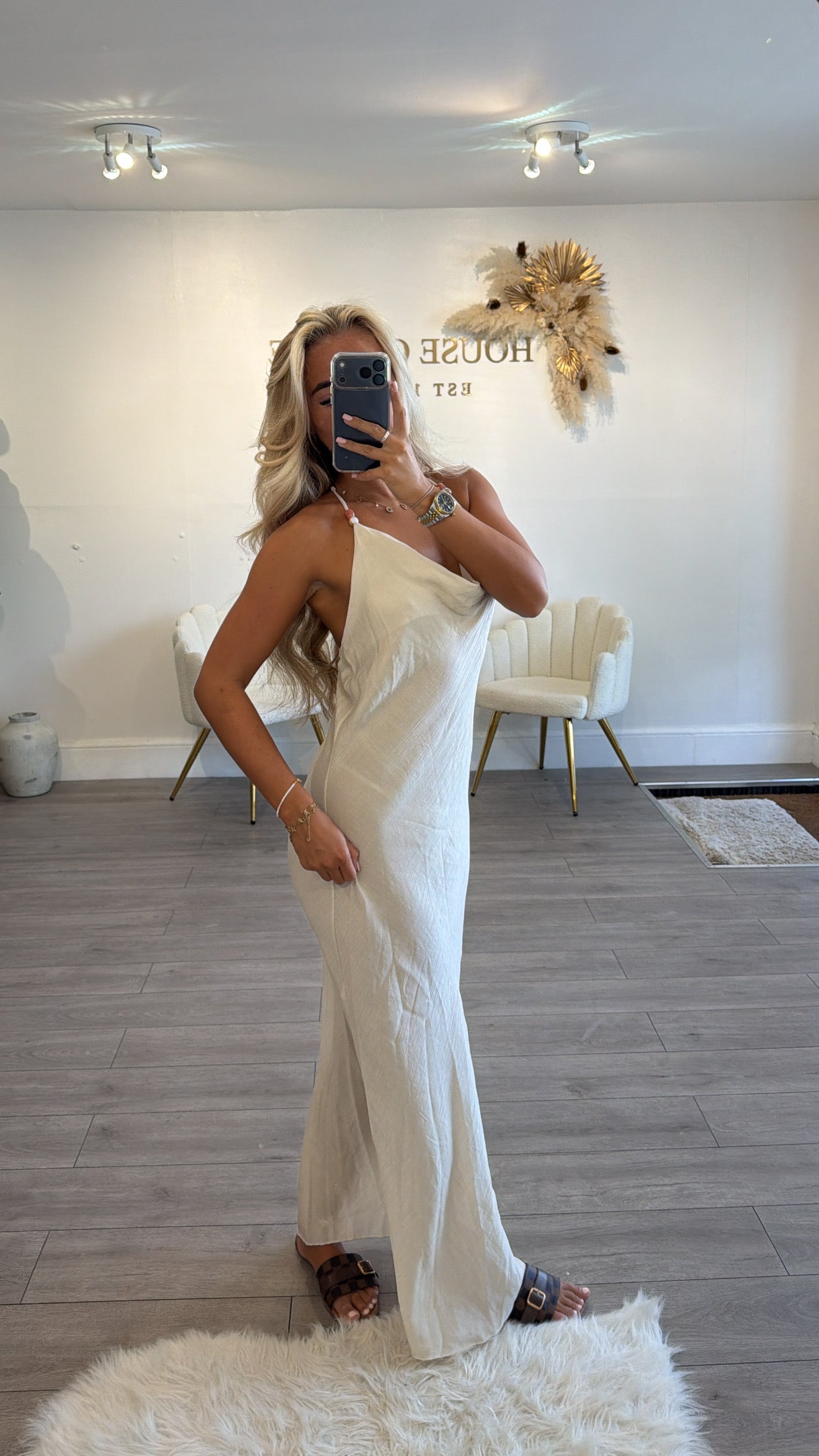 Beaded backless maxi dresses beige