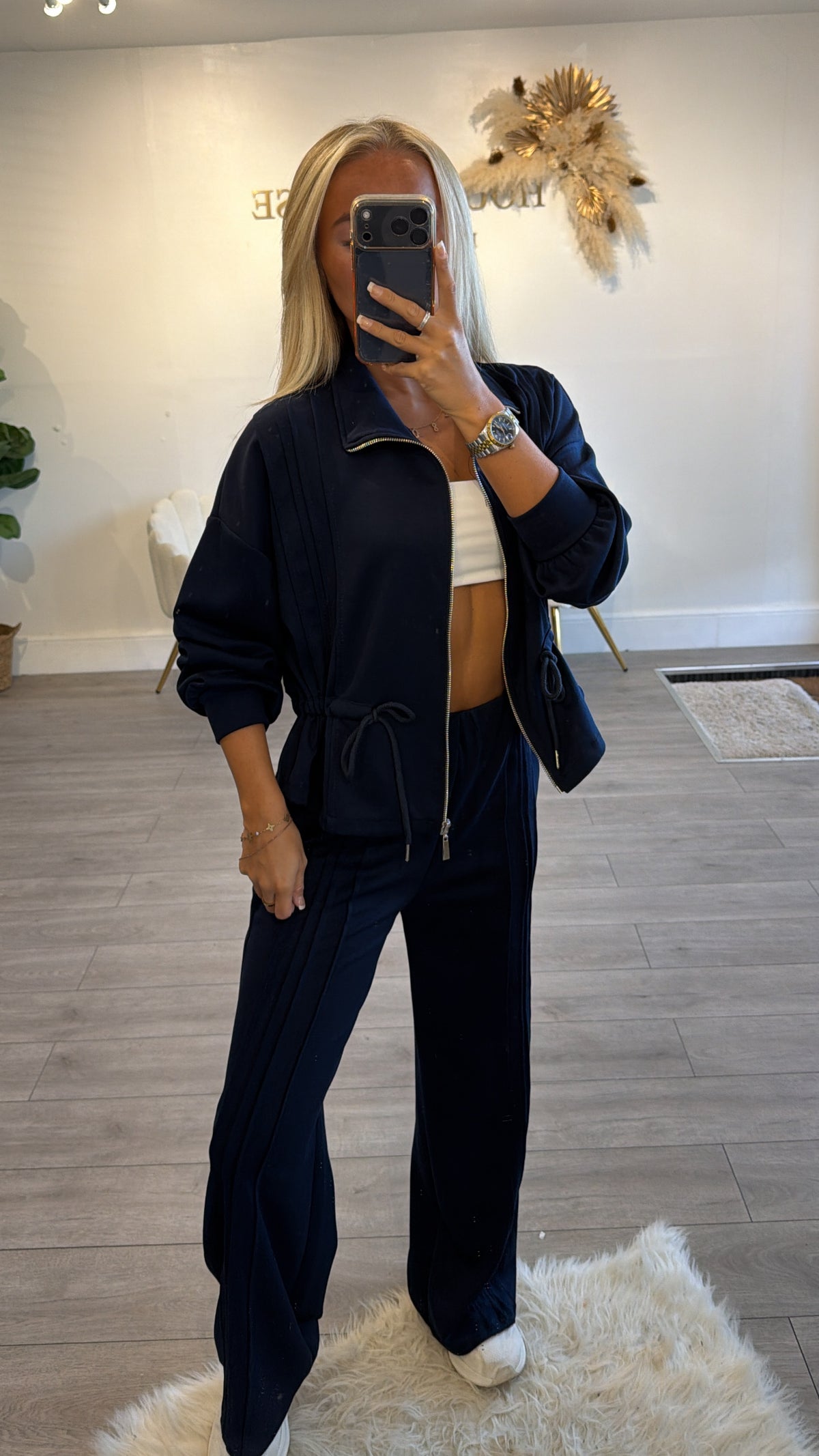 Tie up zip up jacket and trouser loungewear set navy