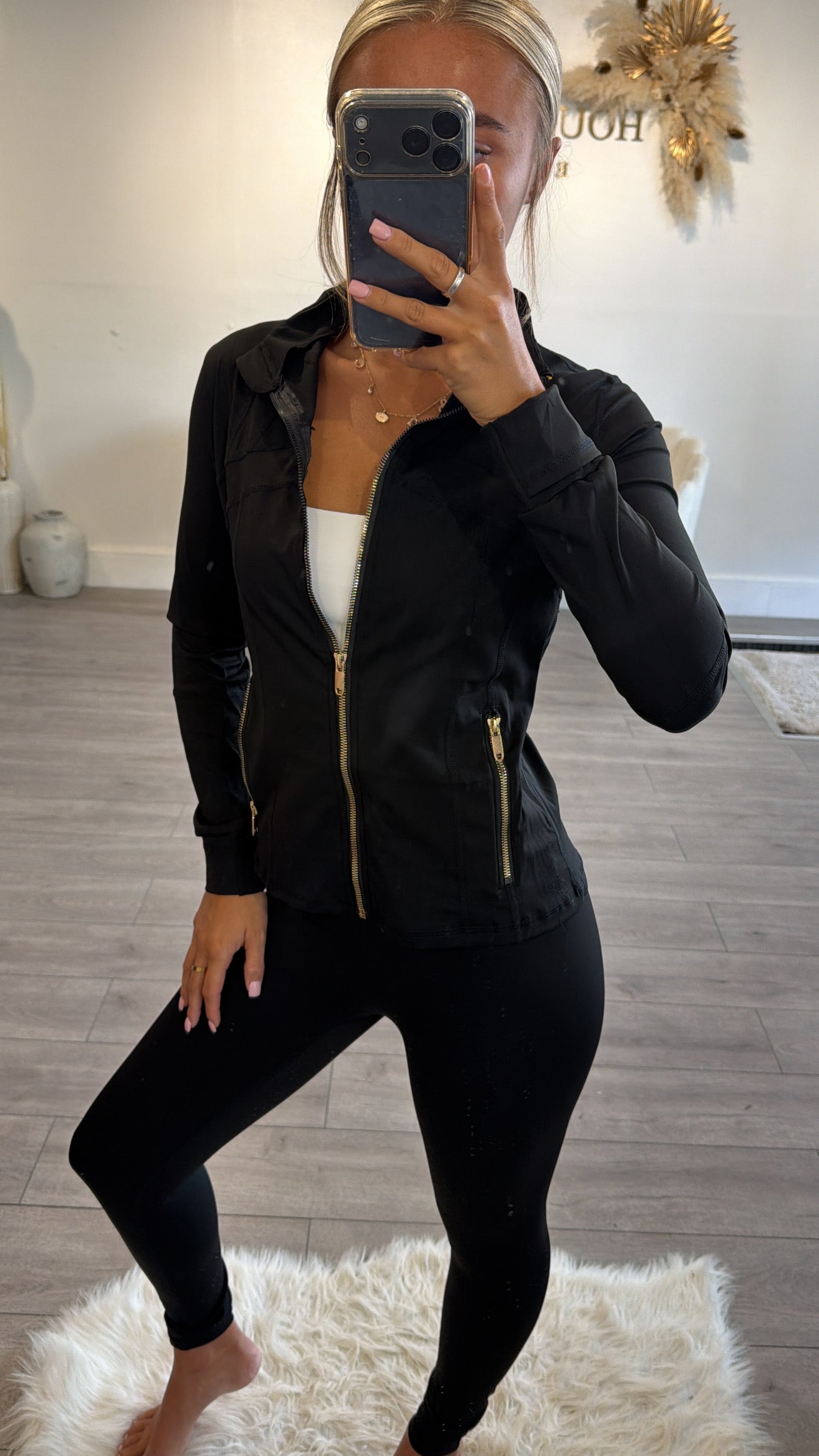 Gold zip up gym jacket and leggings set black