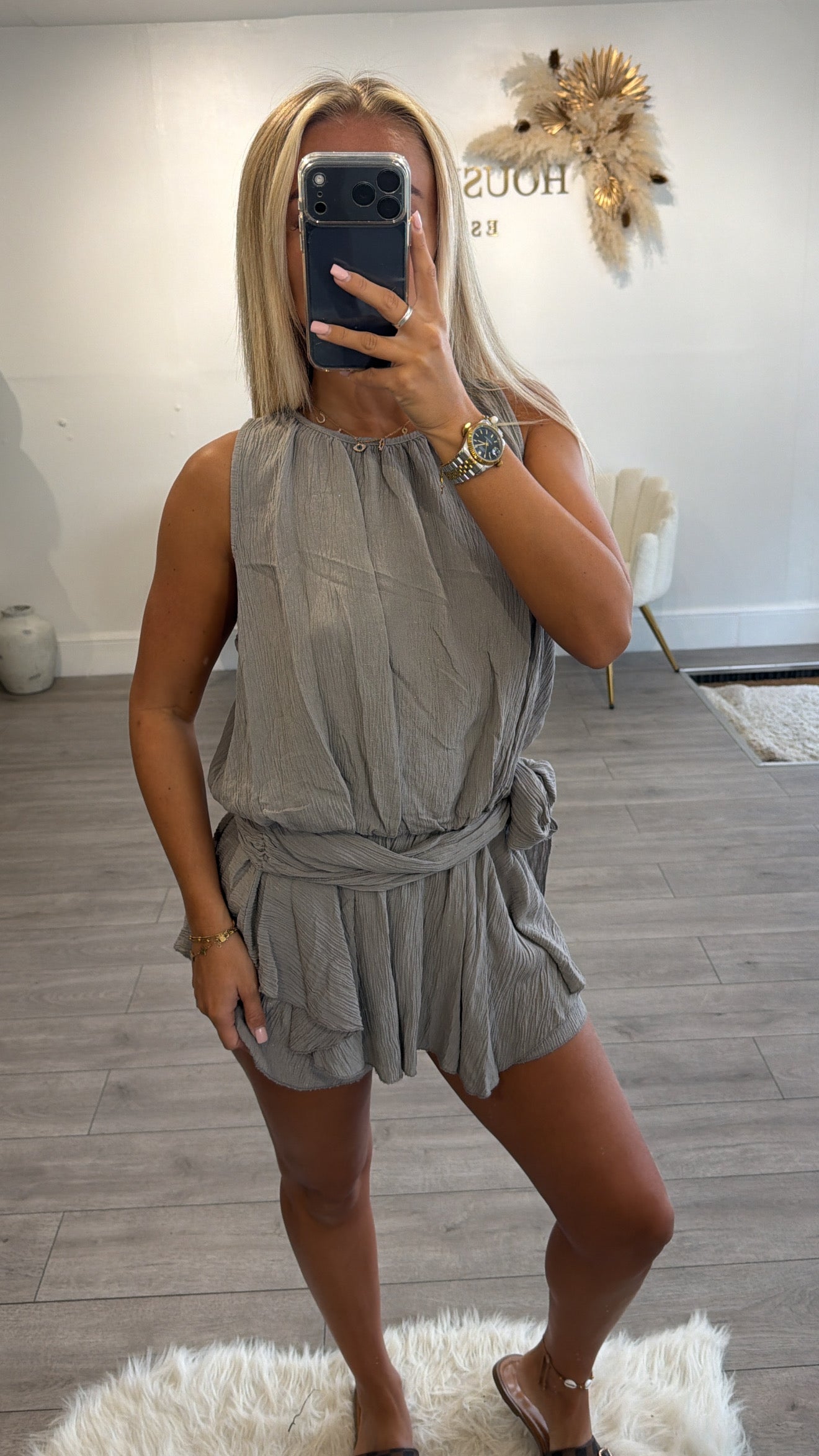 Tie up waist playsuit grey