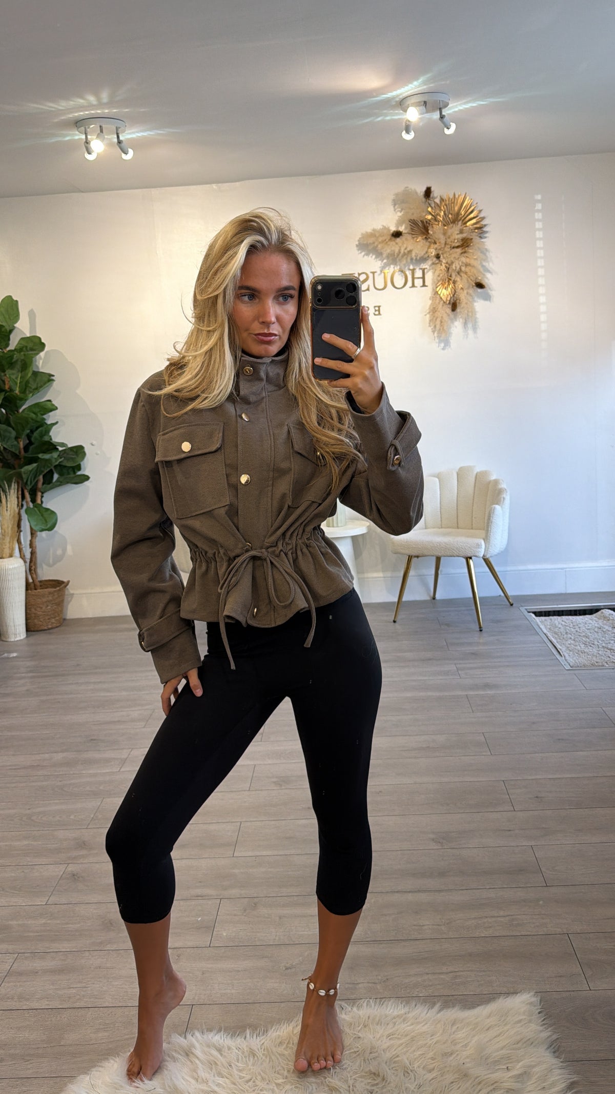 Cinched waist gold button jacket mocha