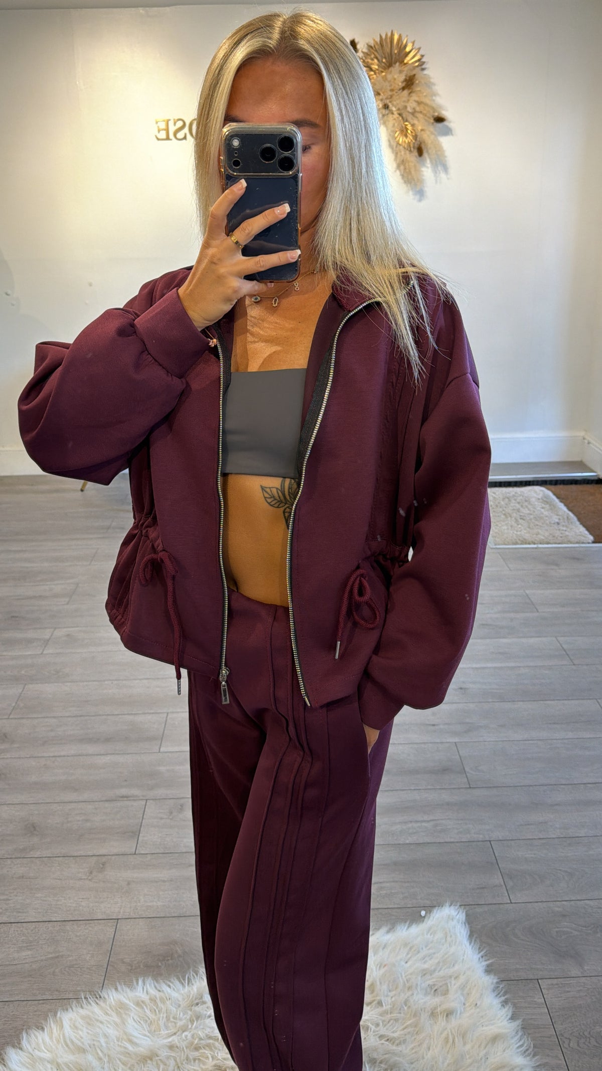 Tie up zip up jacket and trouser loungewear set burgundy