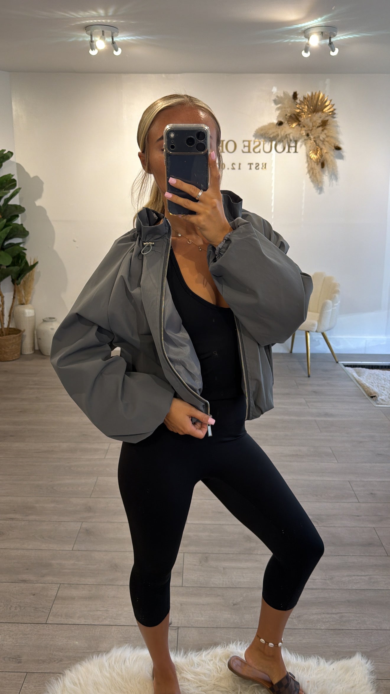 Cinched windbreaker style jacket charcoal