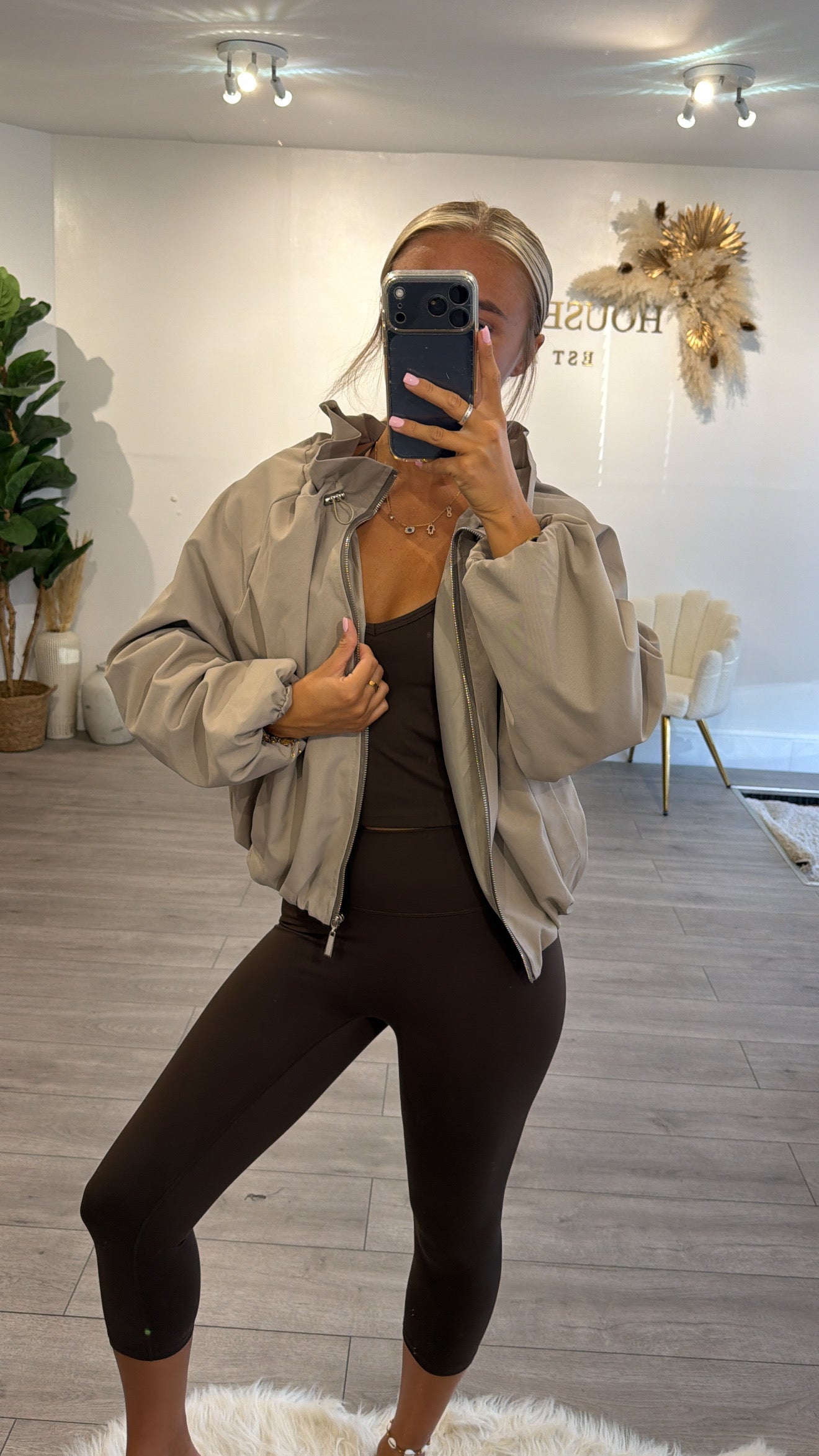 Cinched windbreaker style jacket mocha