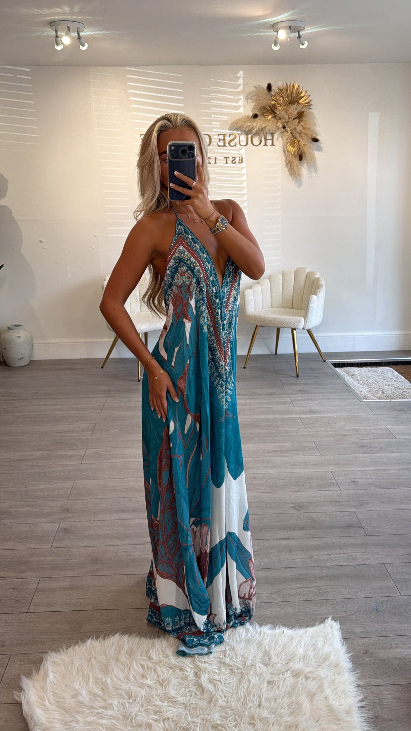 Our tie up halter neck maxi dress turquoise