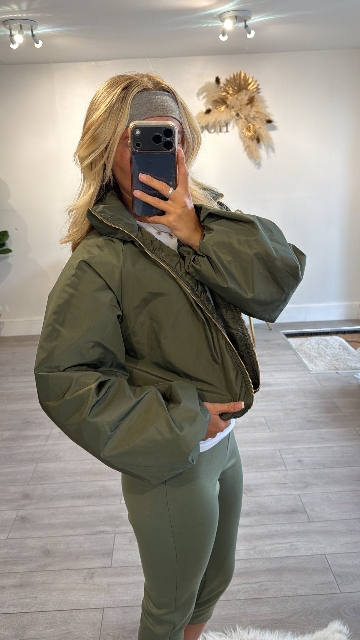 Gold zip up puffer bomber jacket khaki