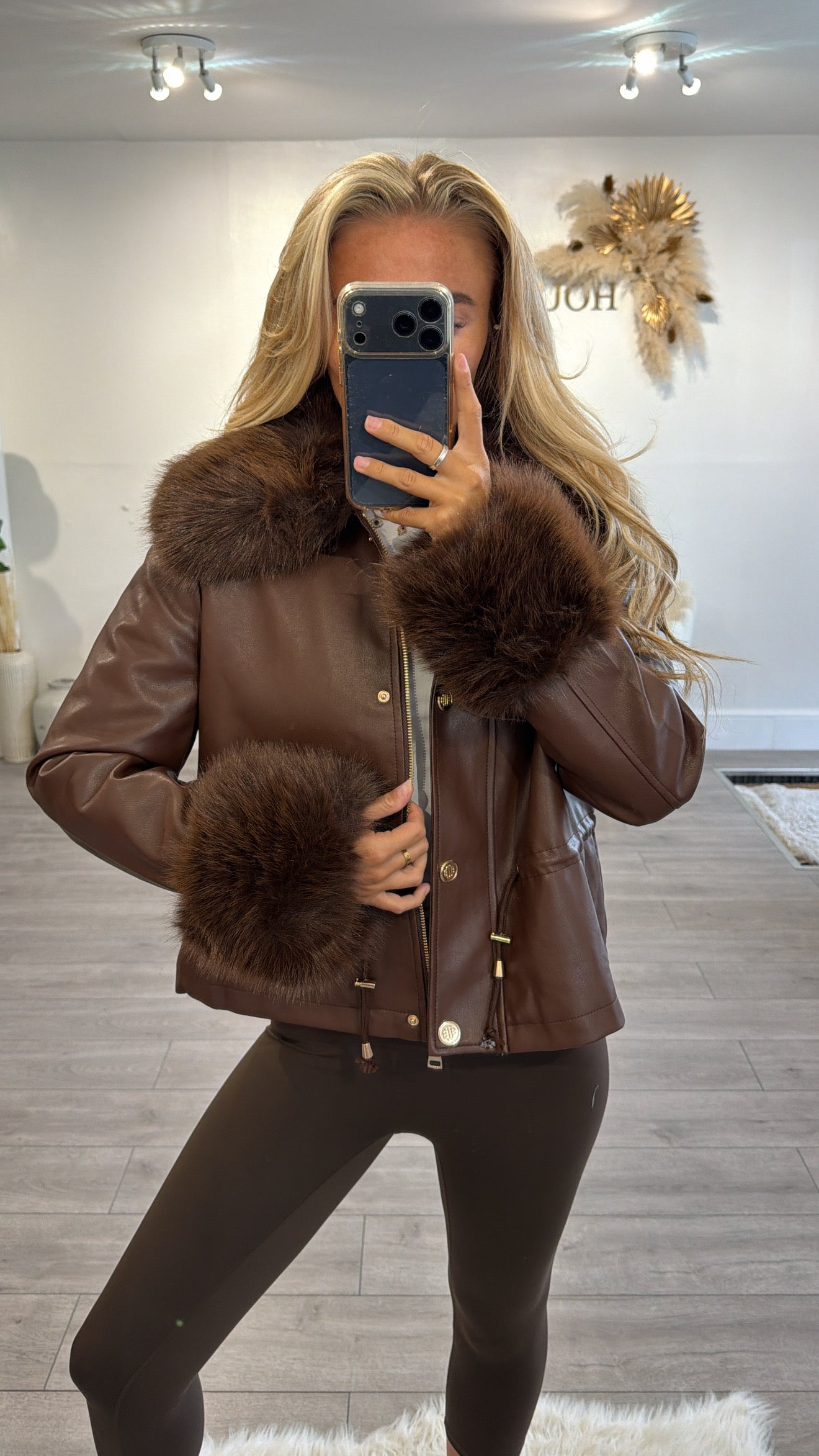 Faux leather jacket with faux fur trims brown