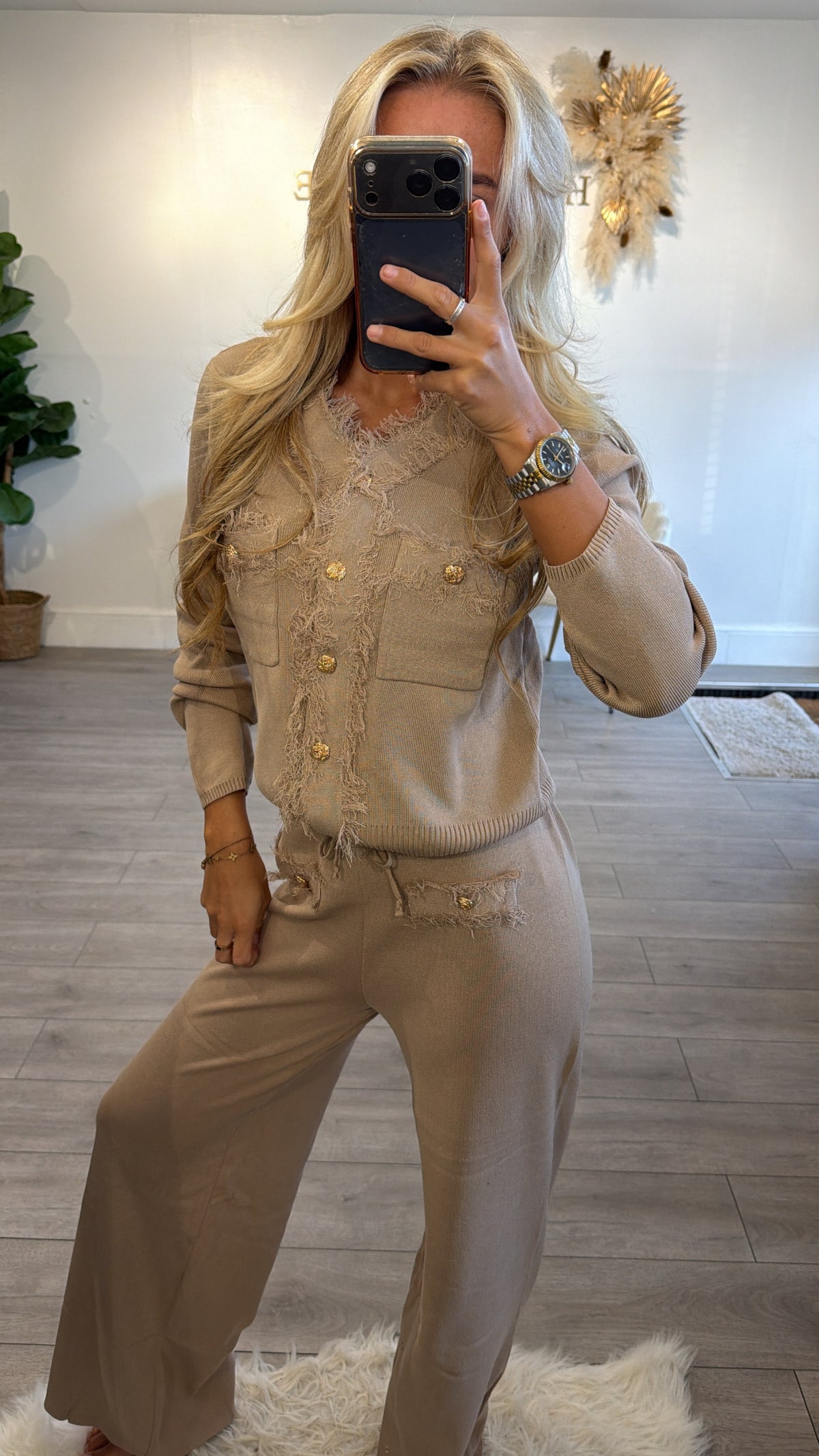 Long sleeve Frill loungewear coord set taupe