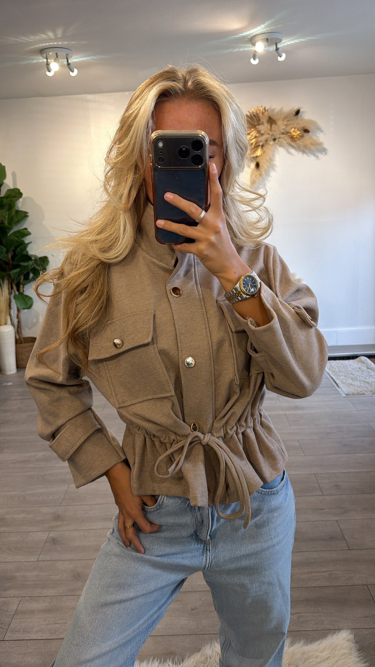 Cinched waist gold button jacket taupe