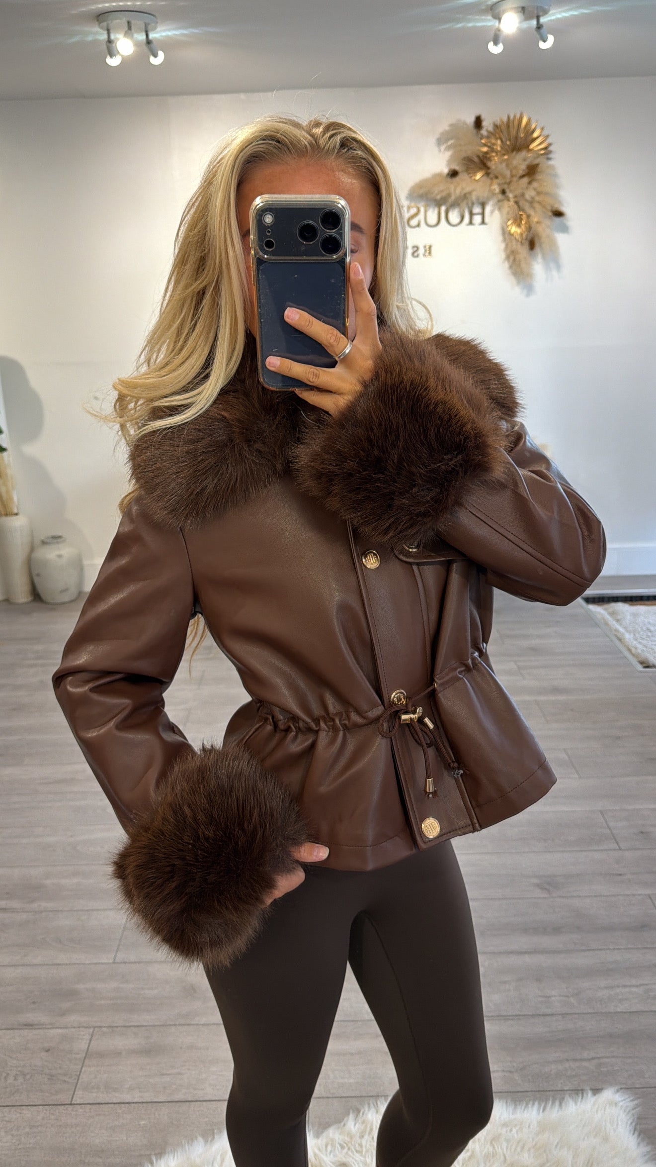 Faux leather jacket with faux fur trims brown