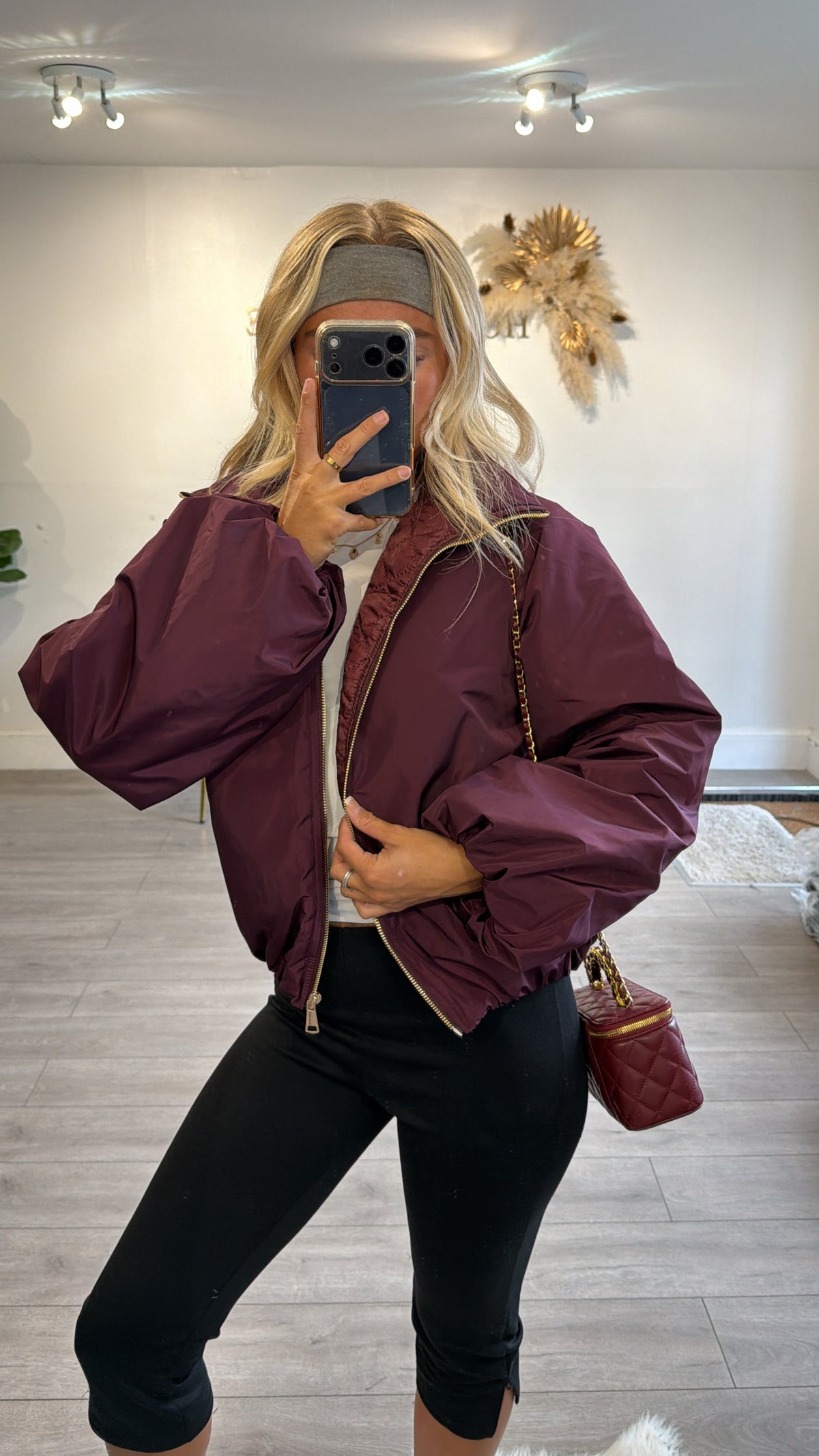 Gold zip up puffer bomber jacket burgundy