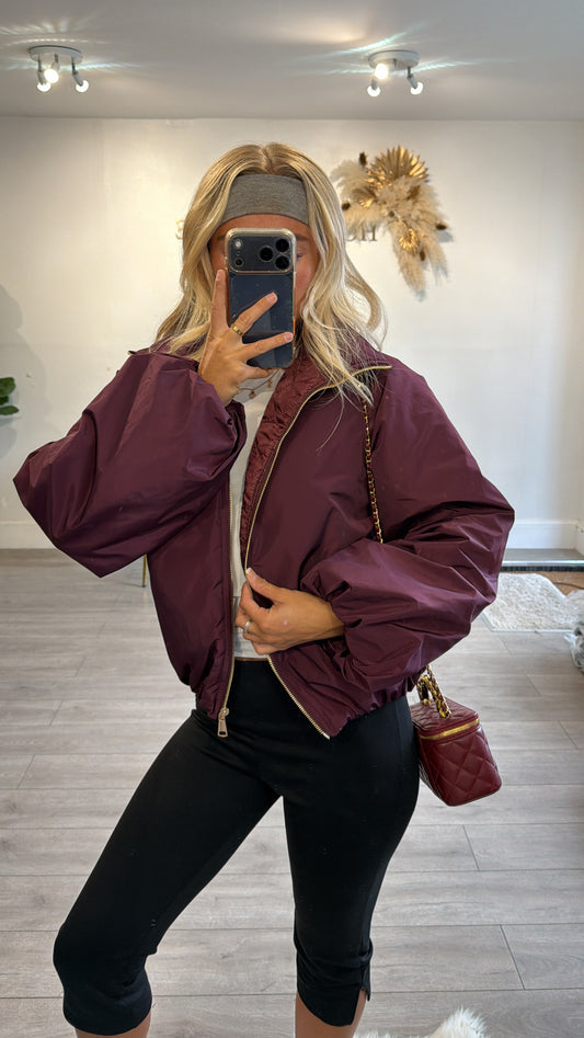Gold zip up puffer bomber jacket burgundy