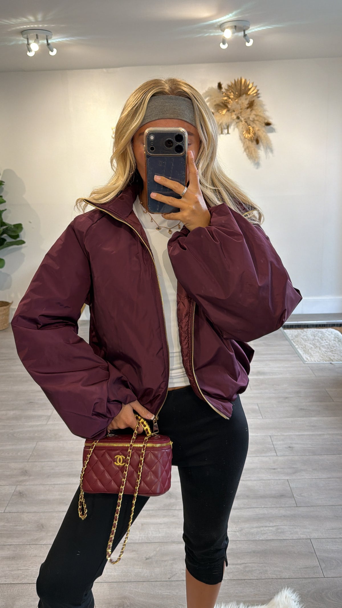 Gold zip up puffer bomber jacket burgundy