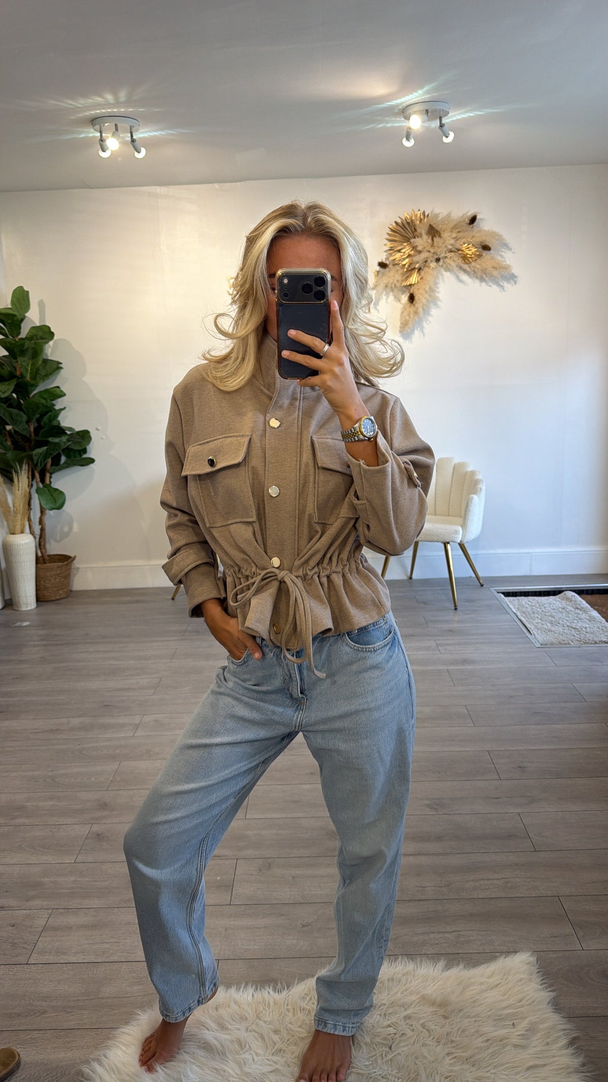 Cinched waist gold button jacket taupe