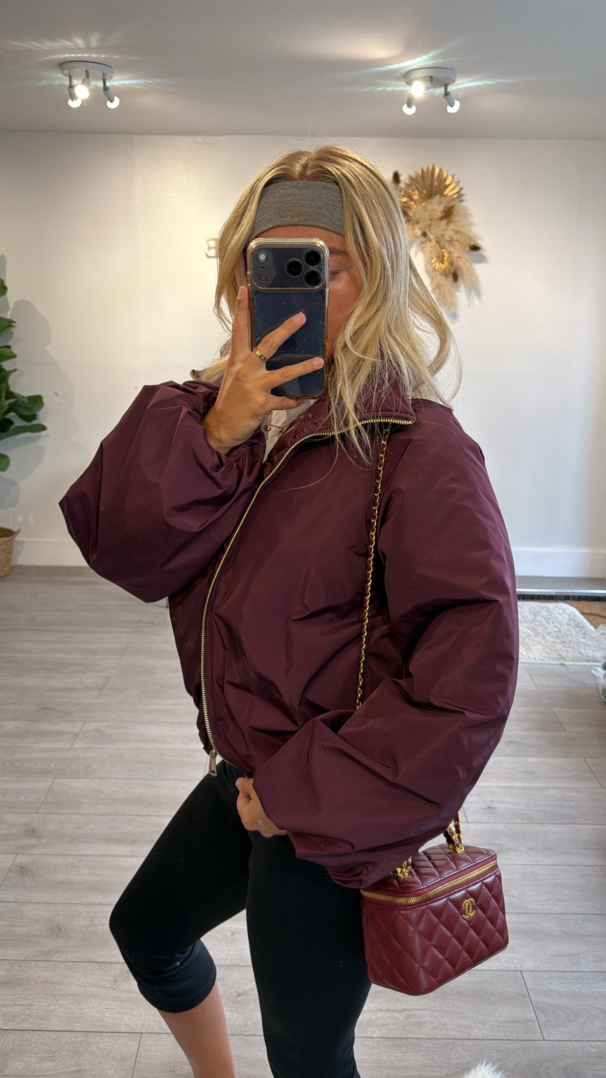 Gold zip up puffer bomber jacket burgundy