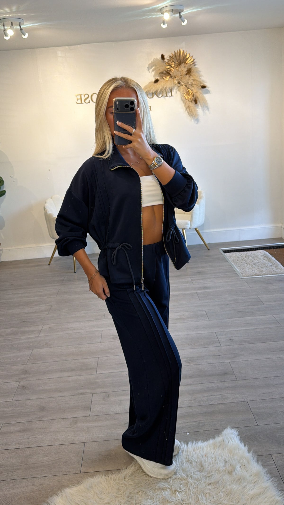 Tie up zip up jacket and trouser loungewear set navy