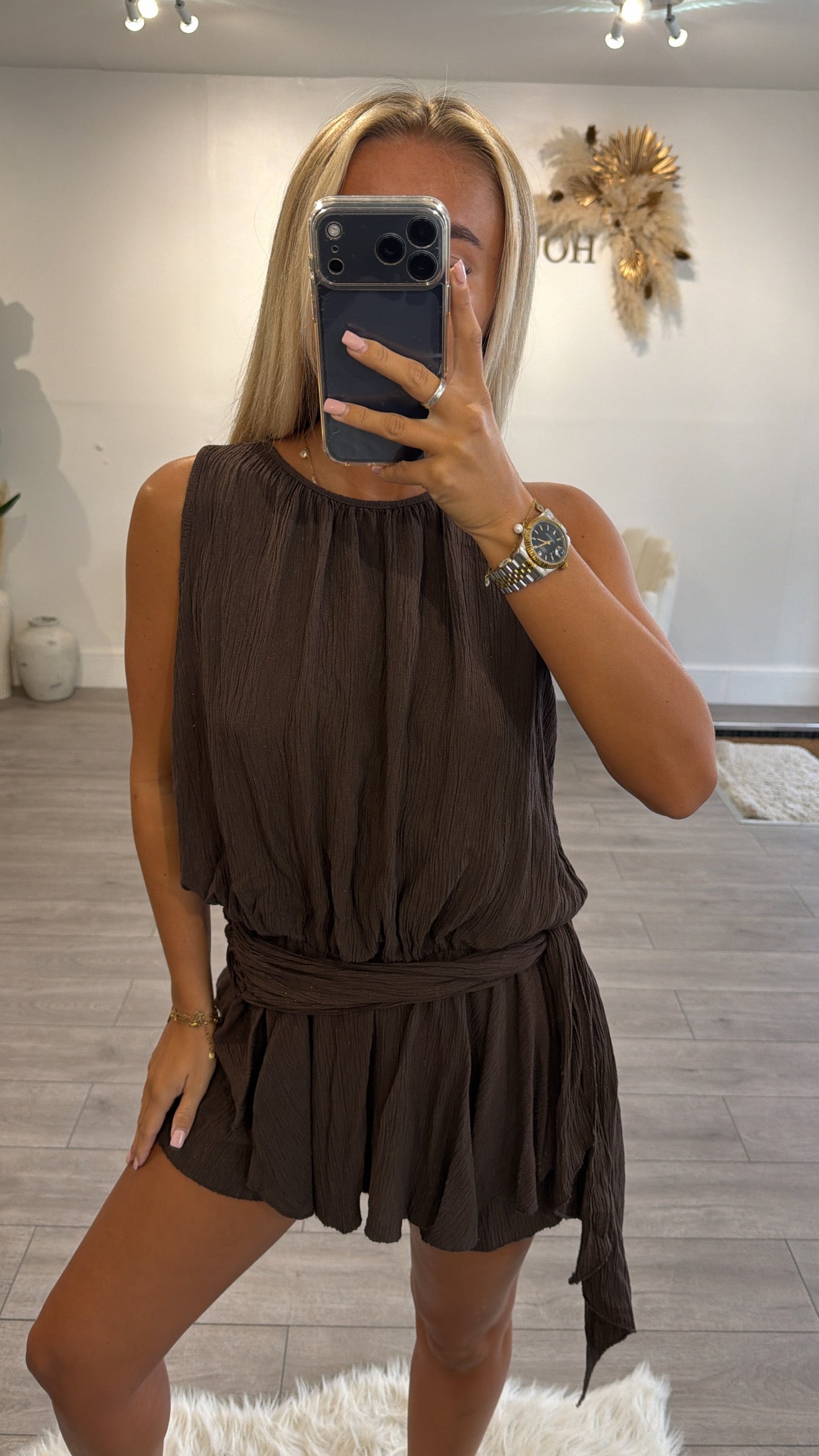 Tie up waist playsuit brown