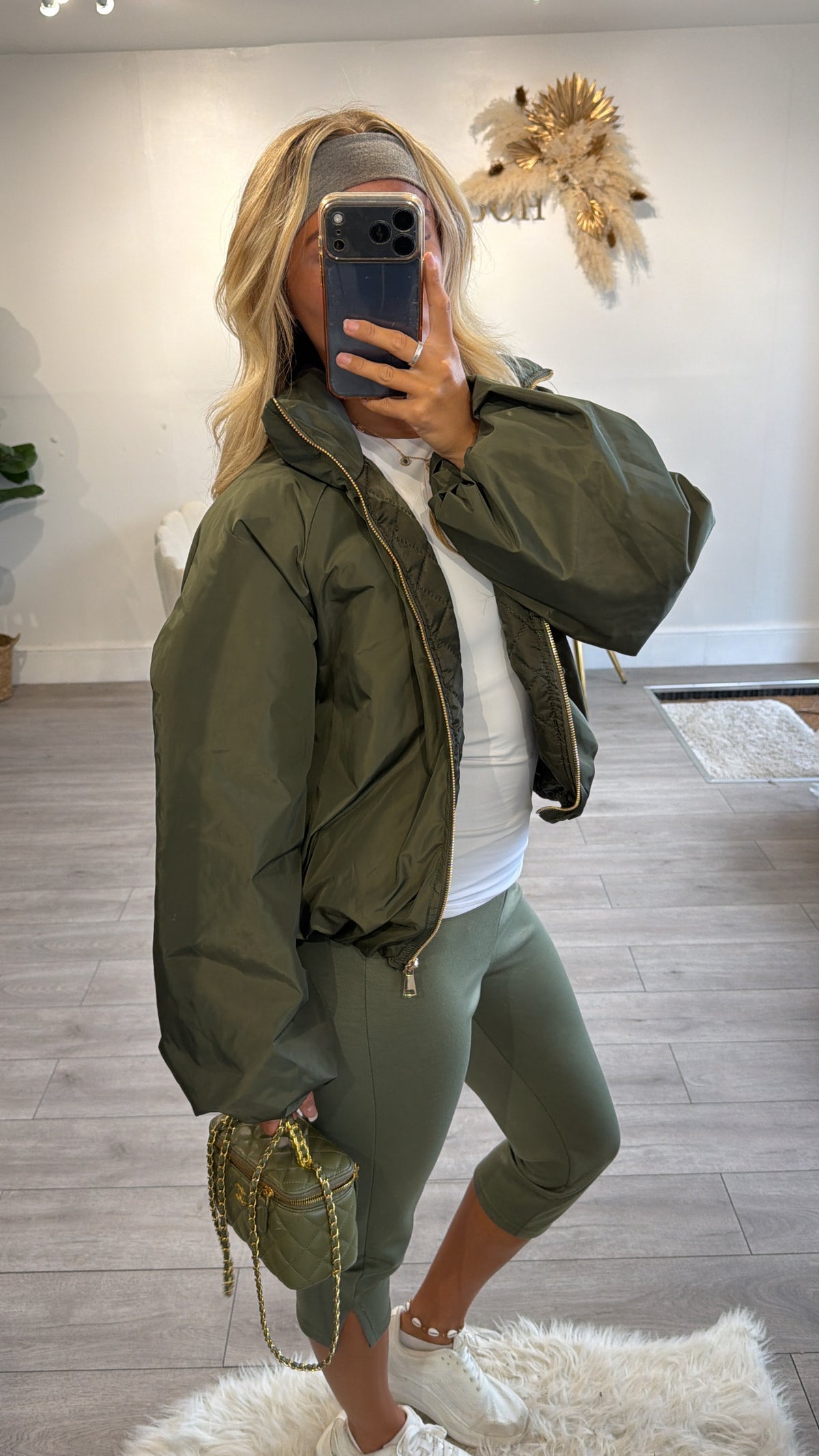 Gold zip up puffer bomber jacket khaki