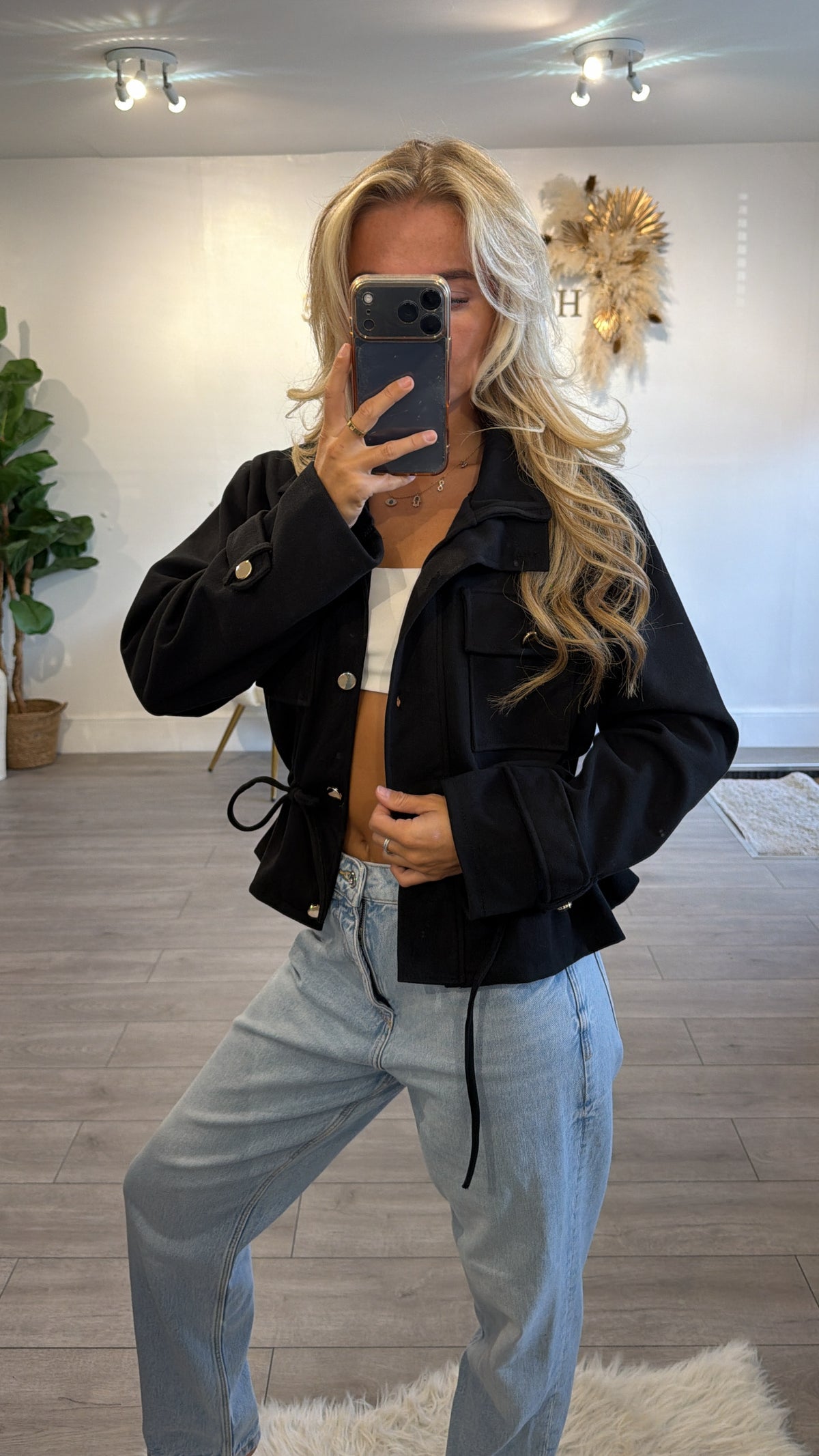 Cinched waist gold button jacket black