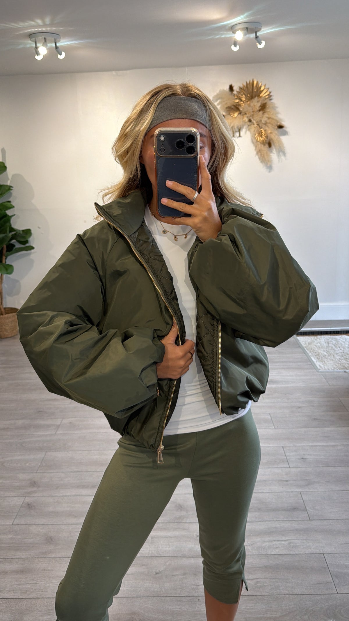 Gold zip up puffer bomber jacket khaki
