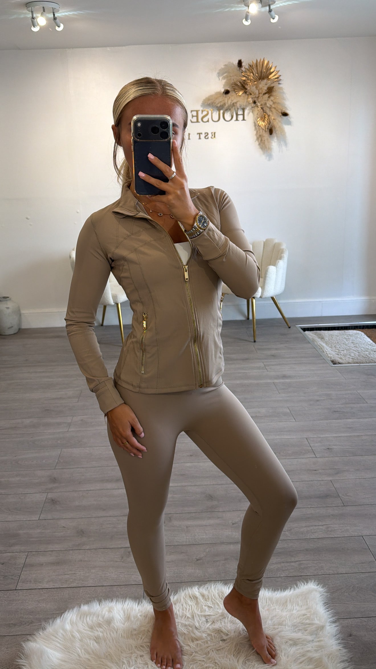 Gold zip up gym jacket and leggings set taupe