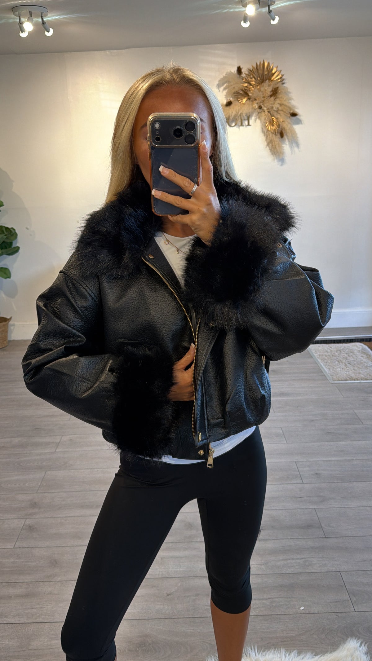 Faux leather jacket with faux fur trims black