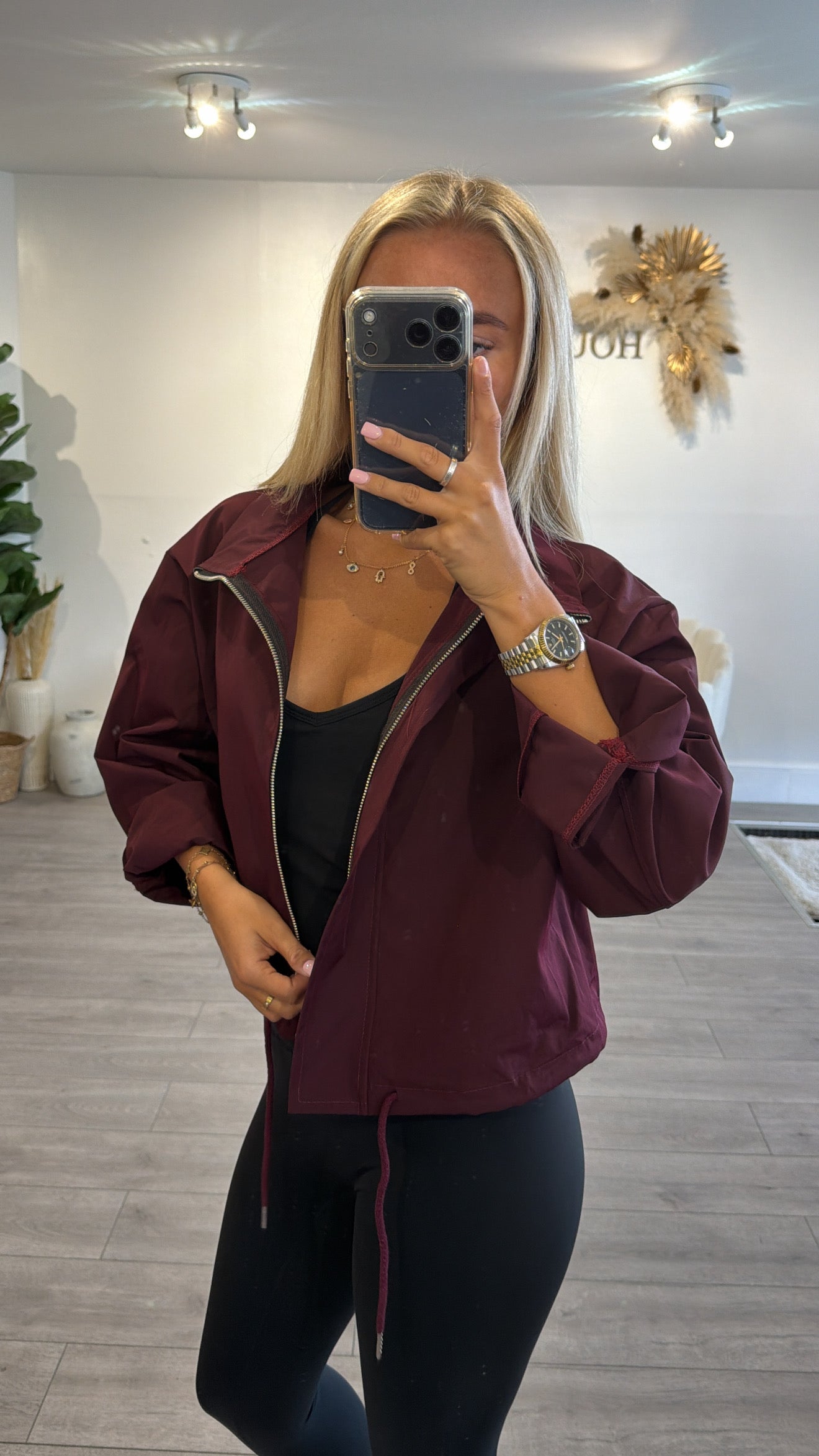 Windbreaker tie bottom jackets burgundy