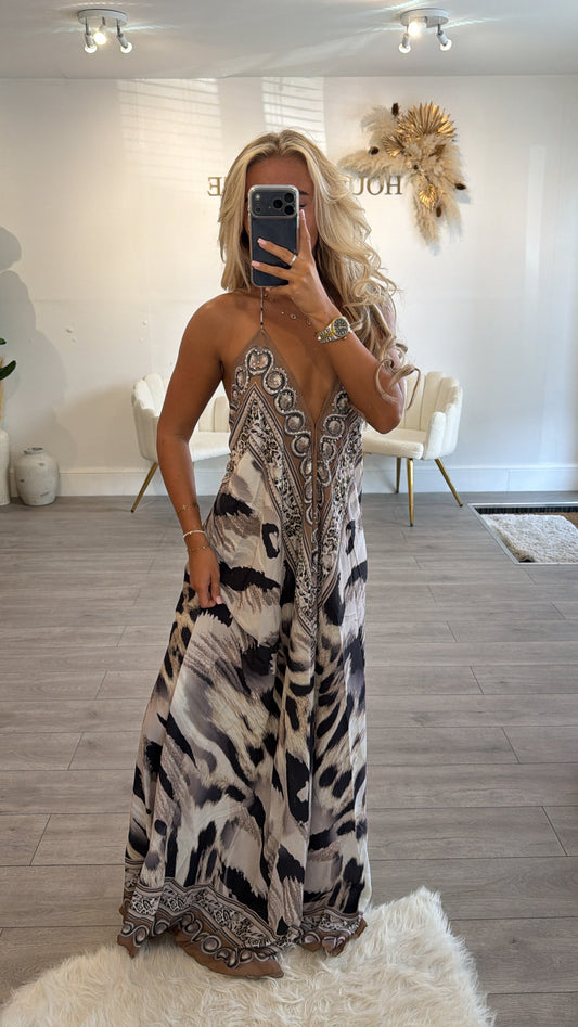 Our tie up halter neck dress brown
