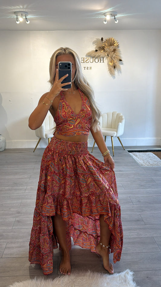 Halter neck tie up top and matching ruffle skirt red