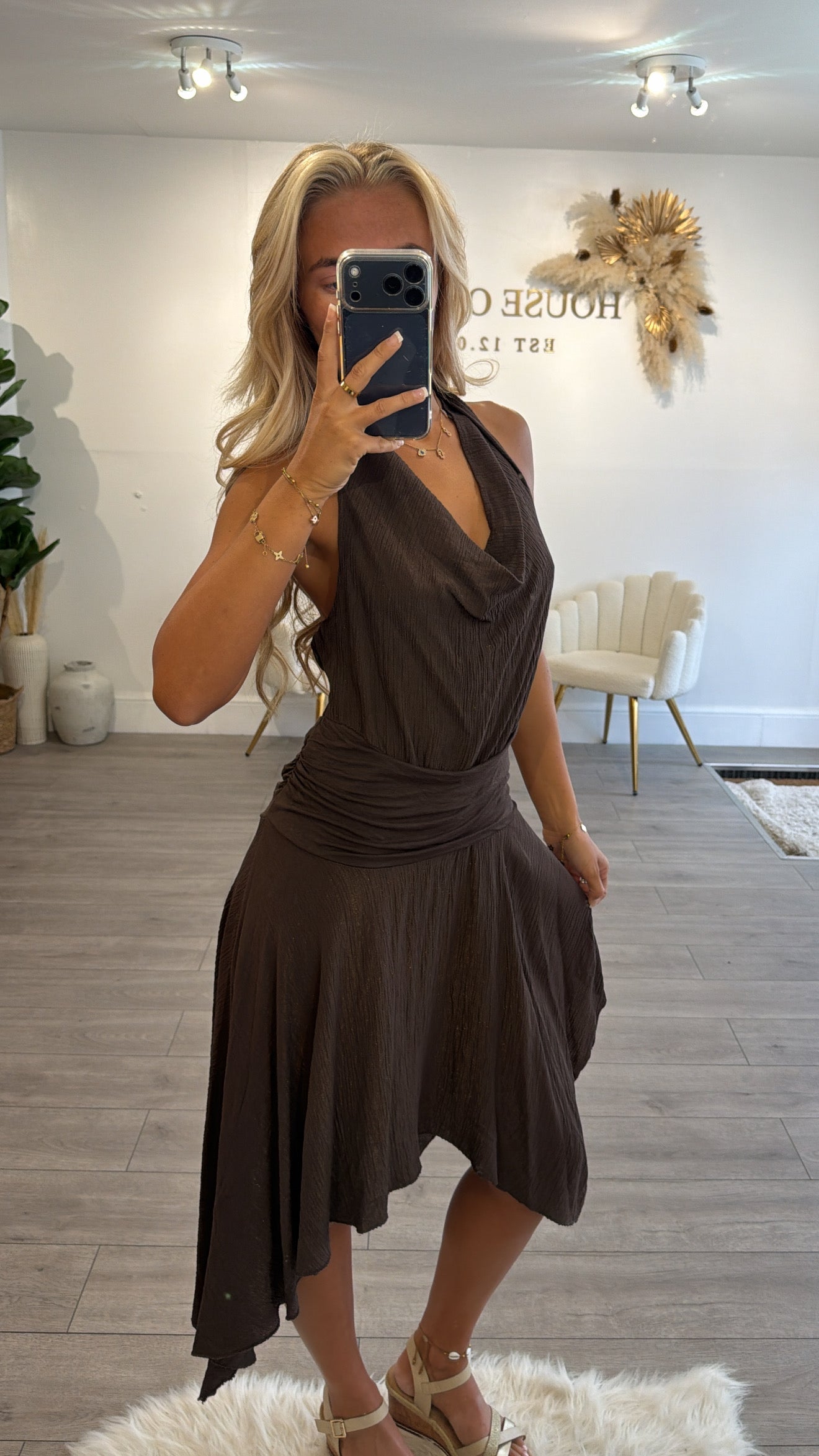 Halter neck midaxi dress brown