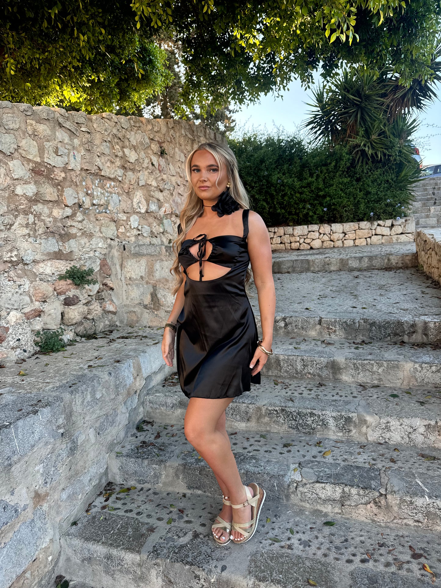 The ‘DAISY’ black satin mini dress