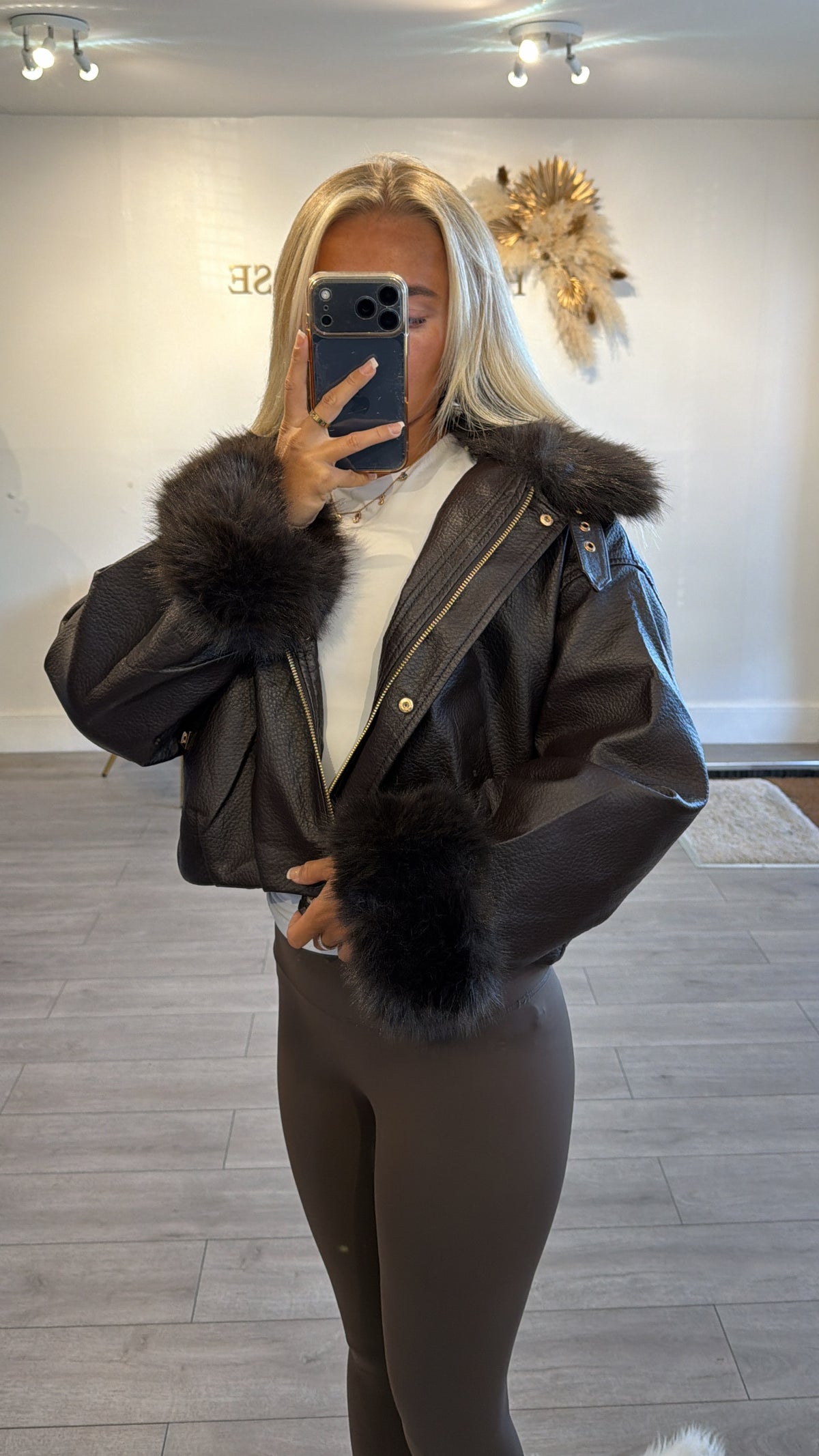 Faux leather jacket with faux fur trims brown