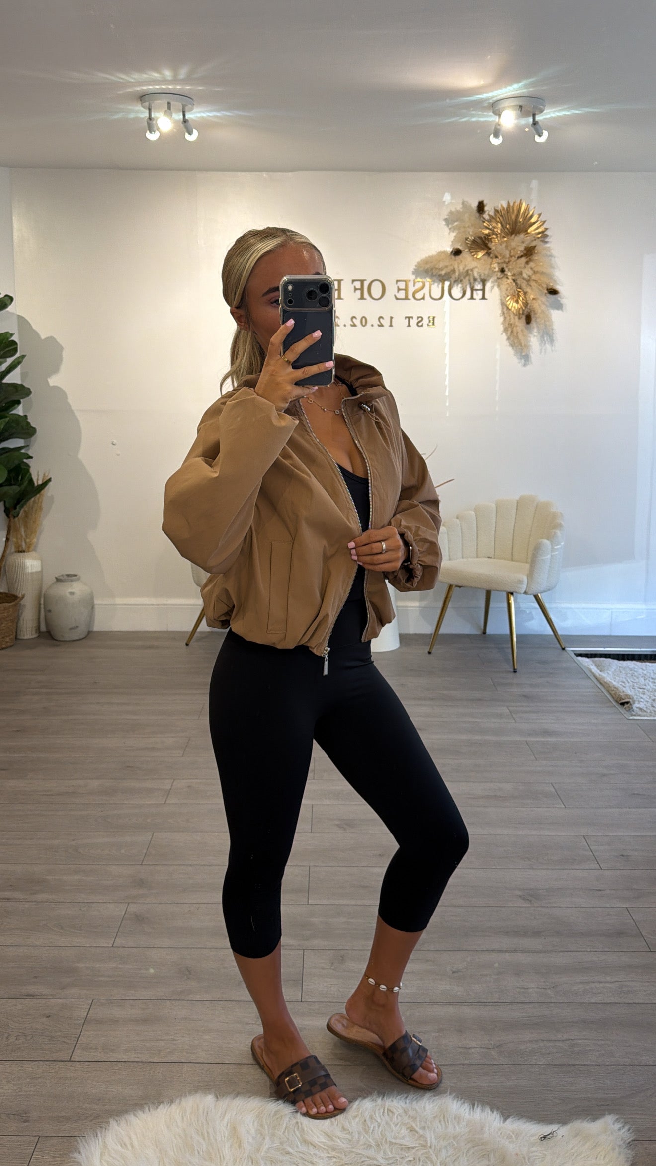 Cinched windbreaker style jacket tan