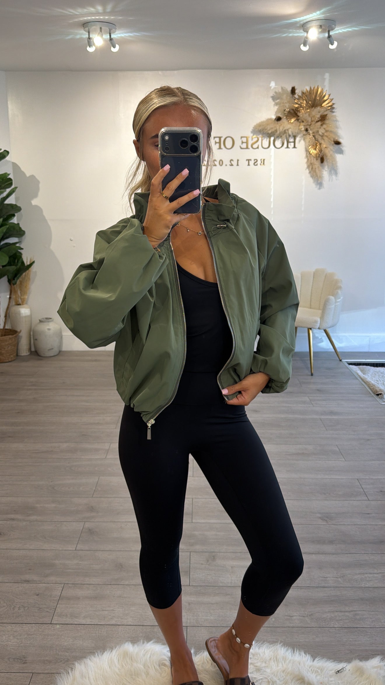 Cinched windbreaker style jacket khaki