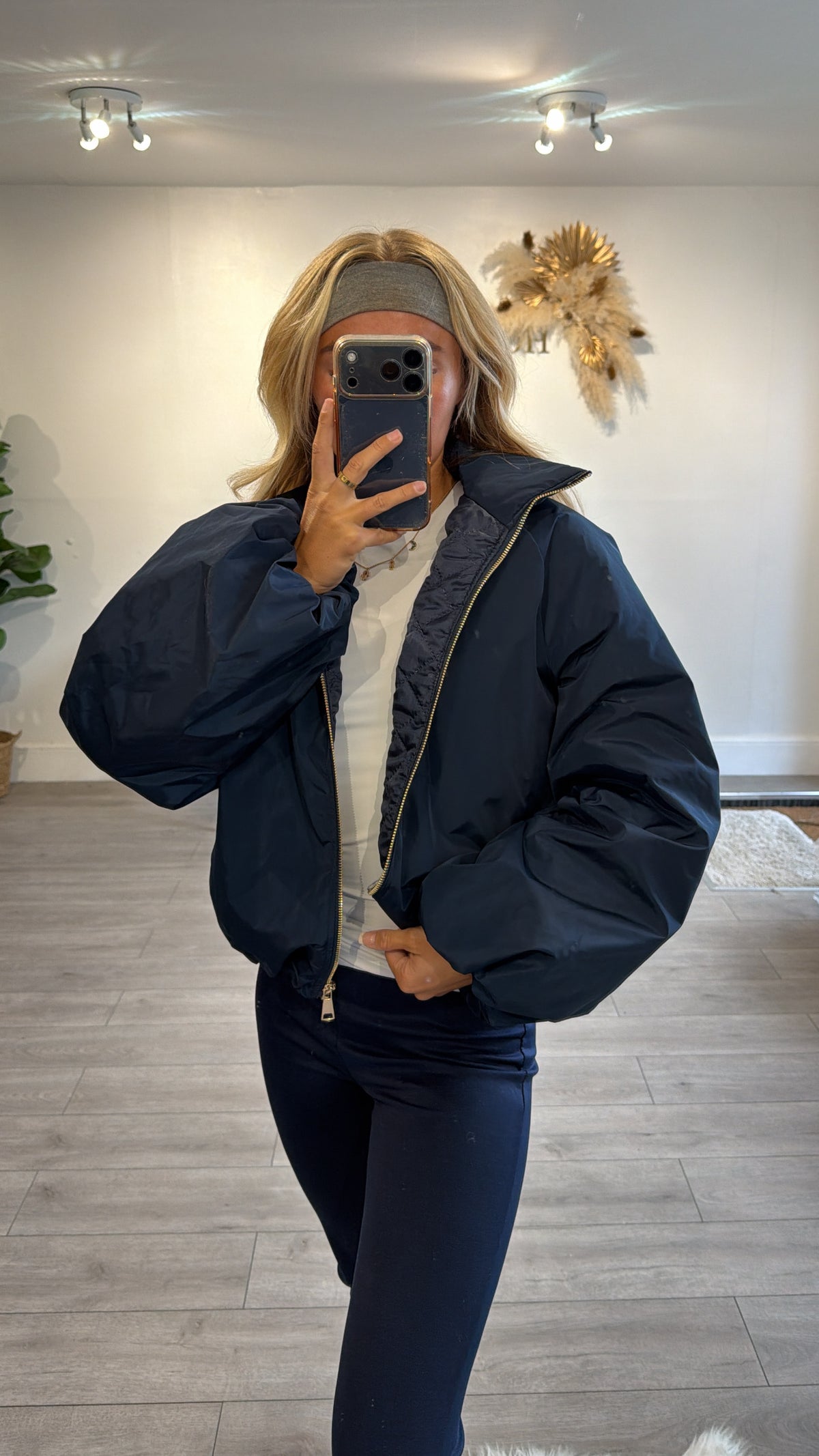 Gold zip up puffer bomber jacket navy