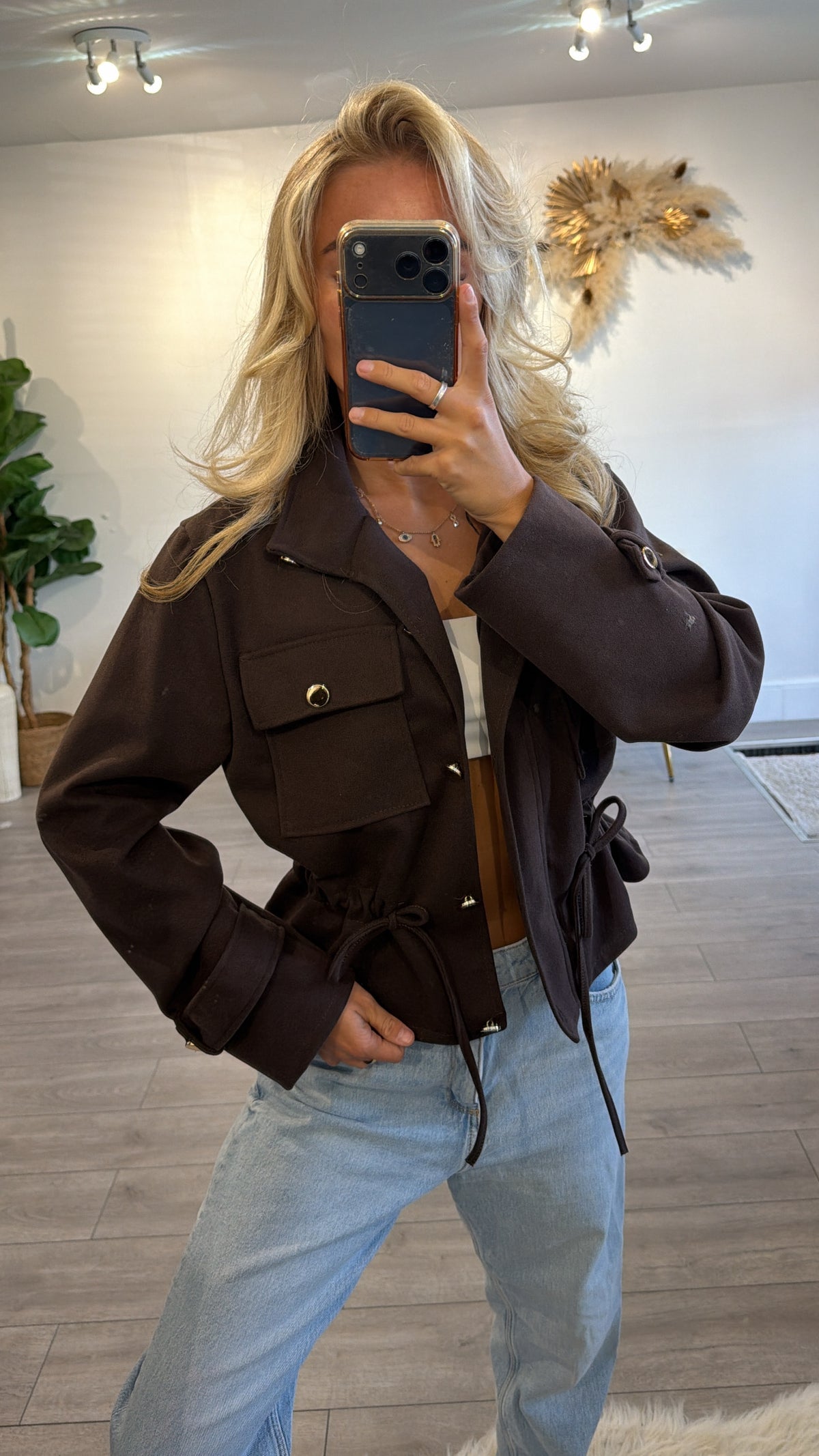 Cinched waist gold button jacket chocolate