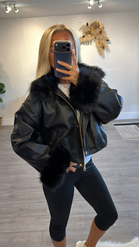 Faux leather jacket with faux fur trims black