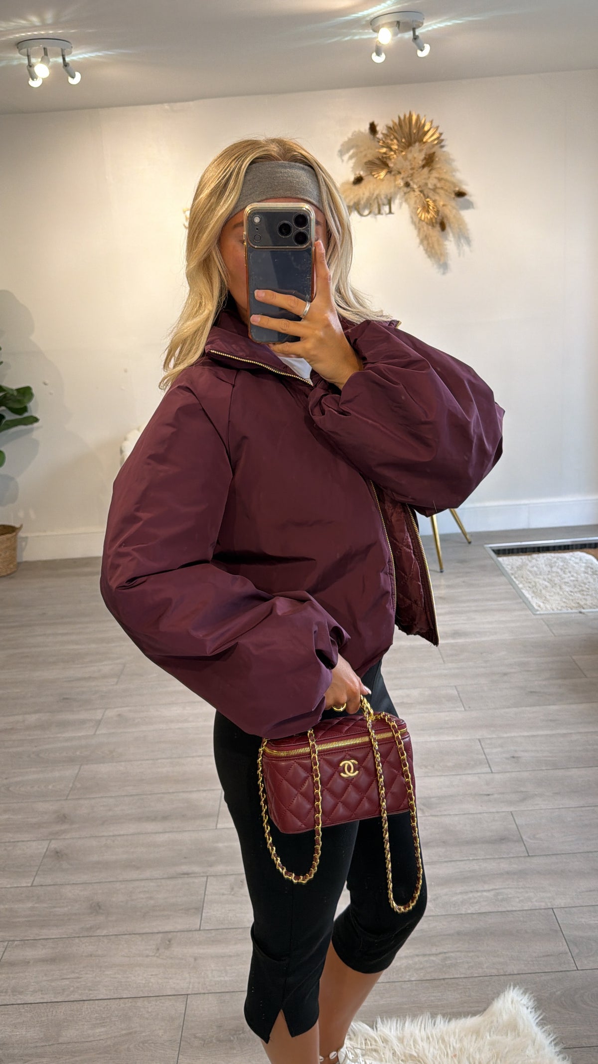 Gold zip up puffer bomber jacket burgundy