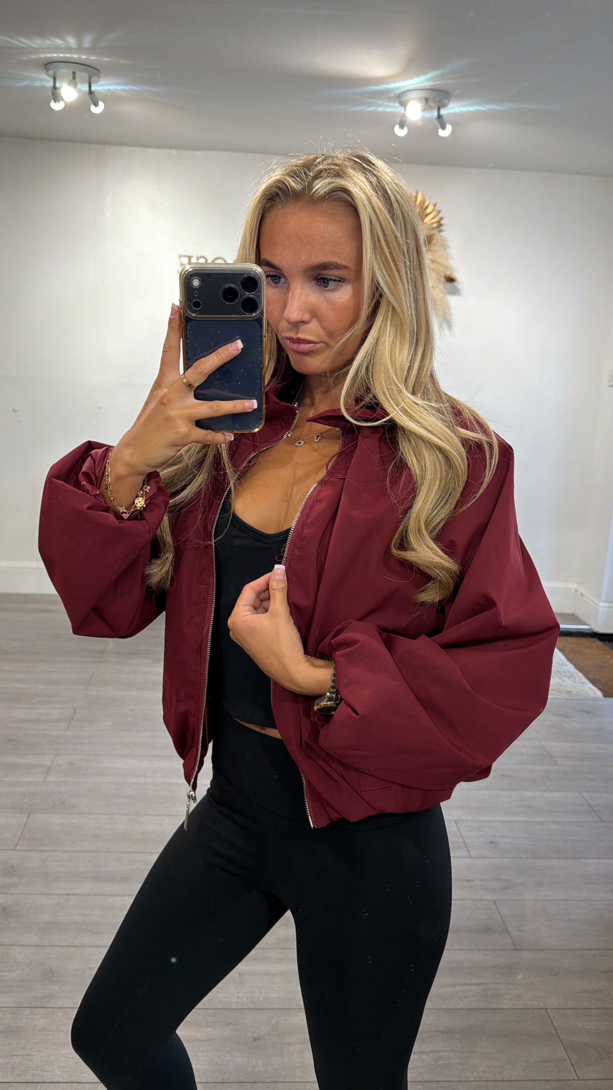 Cinched windbreaker style jacket burgundy