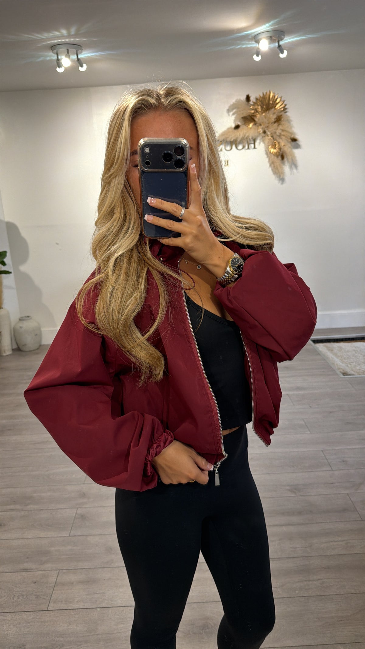 Cinched windbreaker style jacket burgundy
