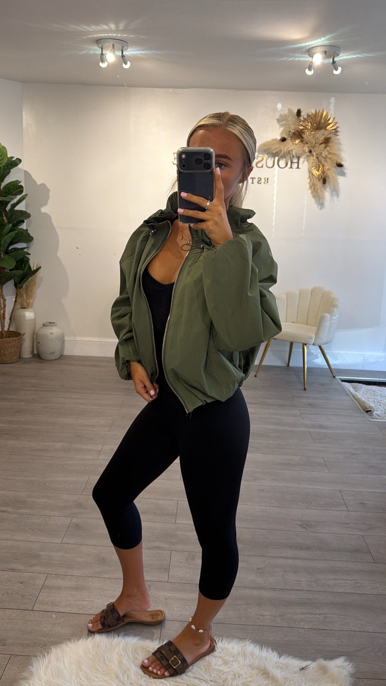 Cinched windbreaker style jacket khaki