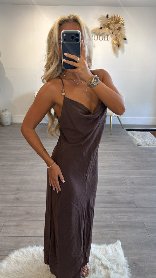 Beaded backless maxi dresses brown