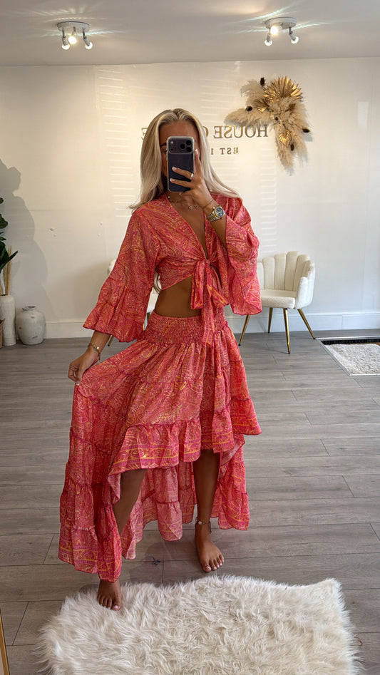 Tie up crop top and ruffle skirt coord set coral