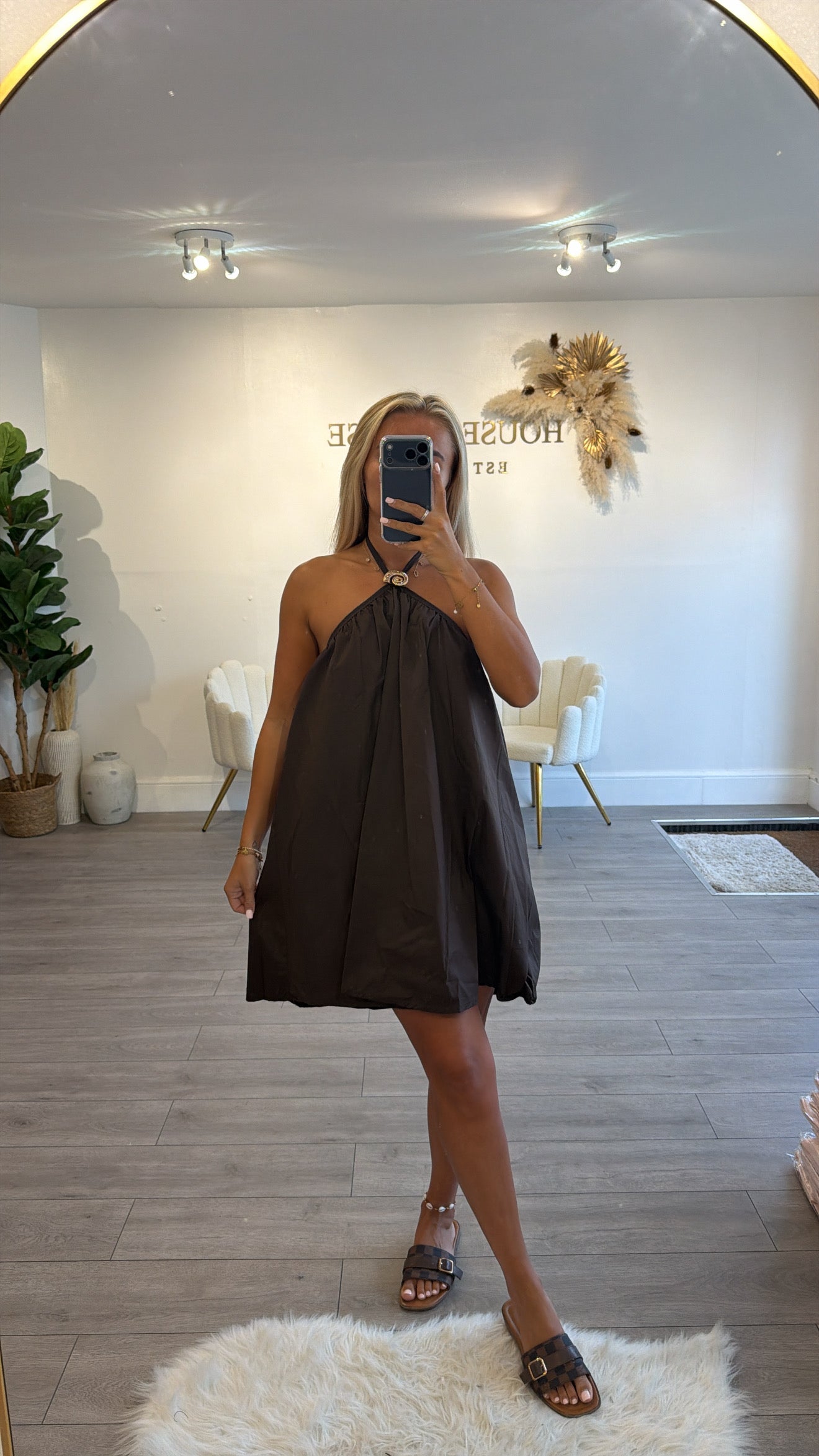 Shell tie up neck dress brown