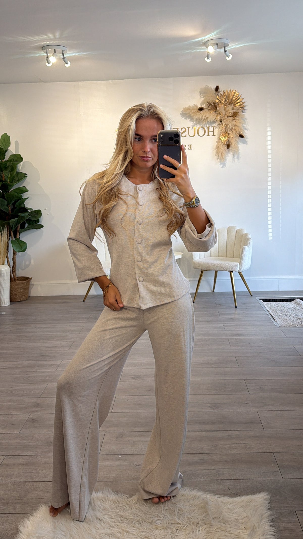 Button up front loungewear coord set beige