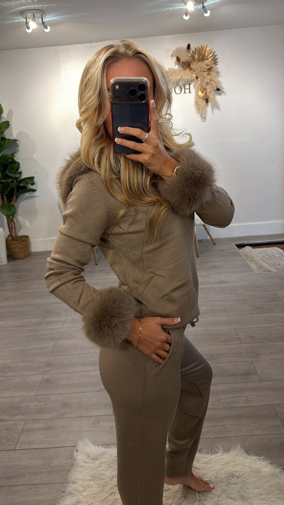 Luxury Faux Fur Trimmed Hoodie and Joggers Set taupe