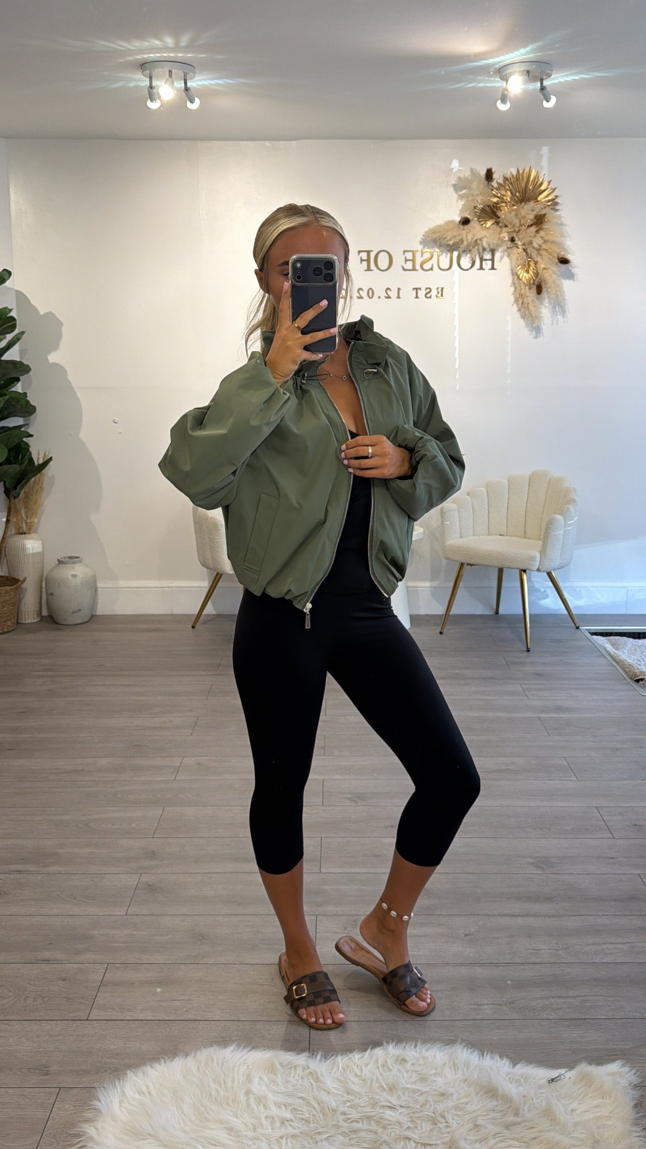 Cinched windbreaker style jacket khaki