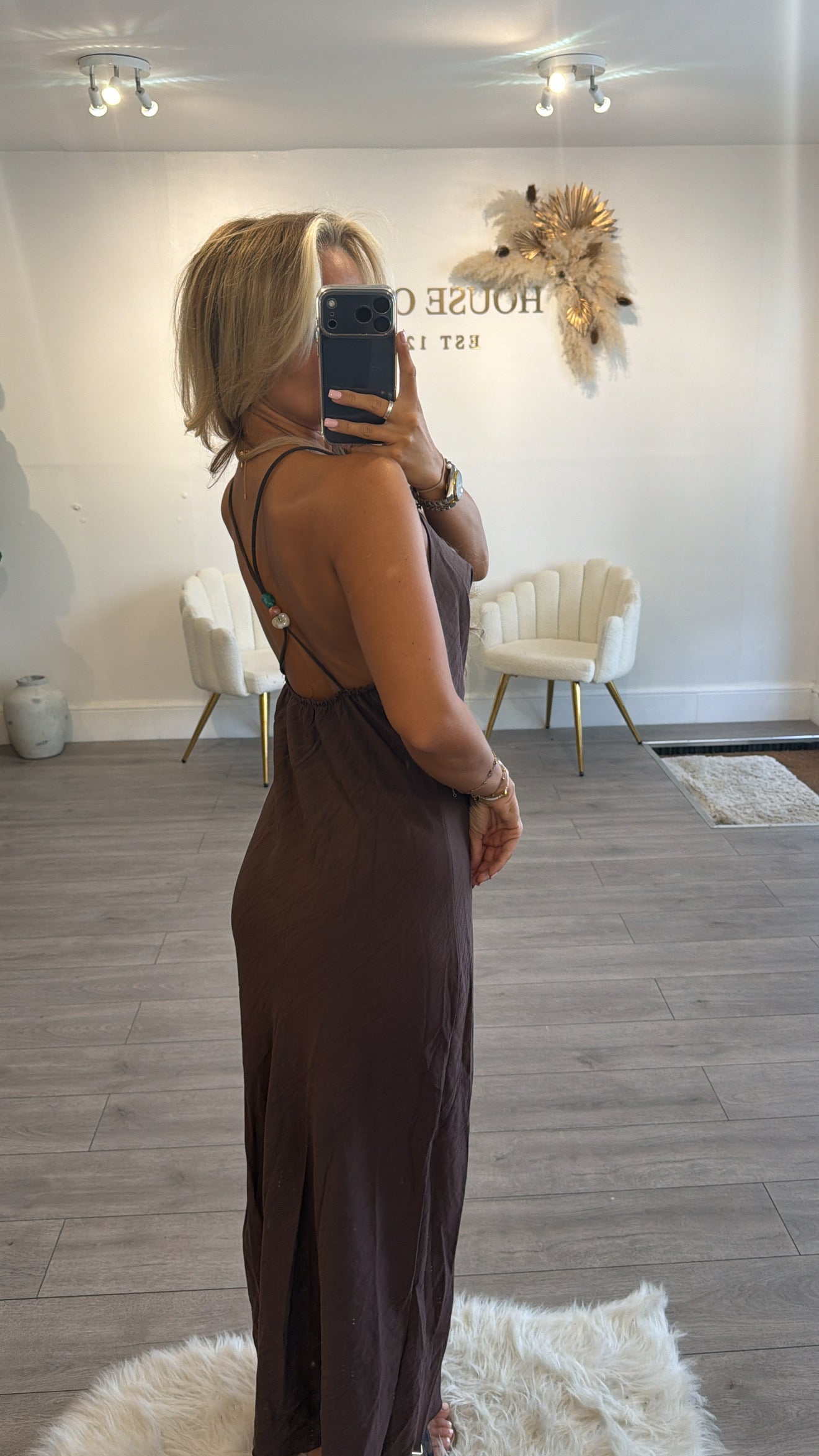 Beaded backless maxi dresses brown
