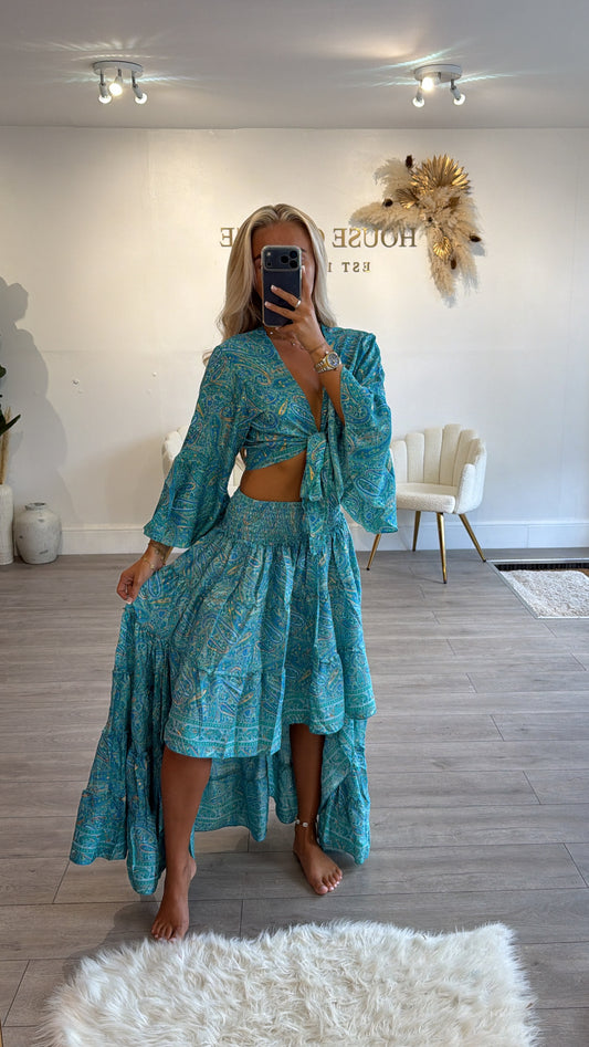 Tie up crop top and ruffle skirt coord set turquoise