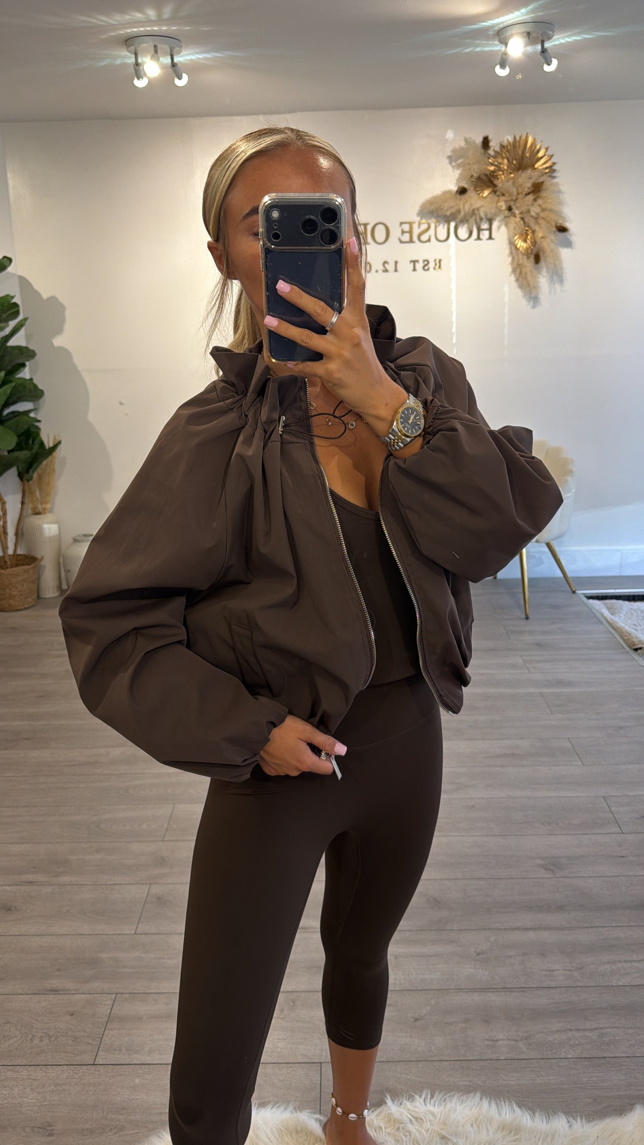Cinched windbreaker style jacket brown